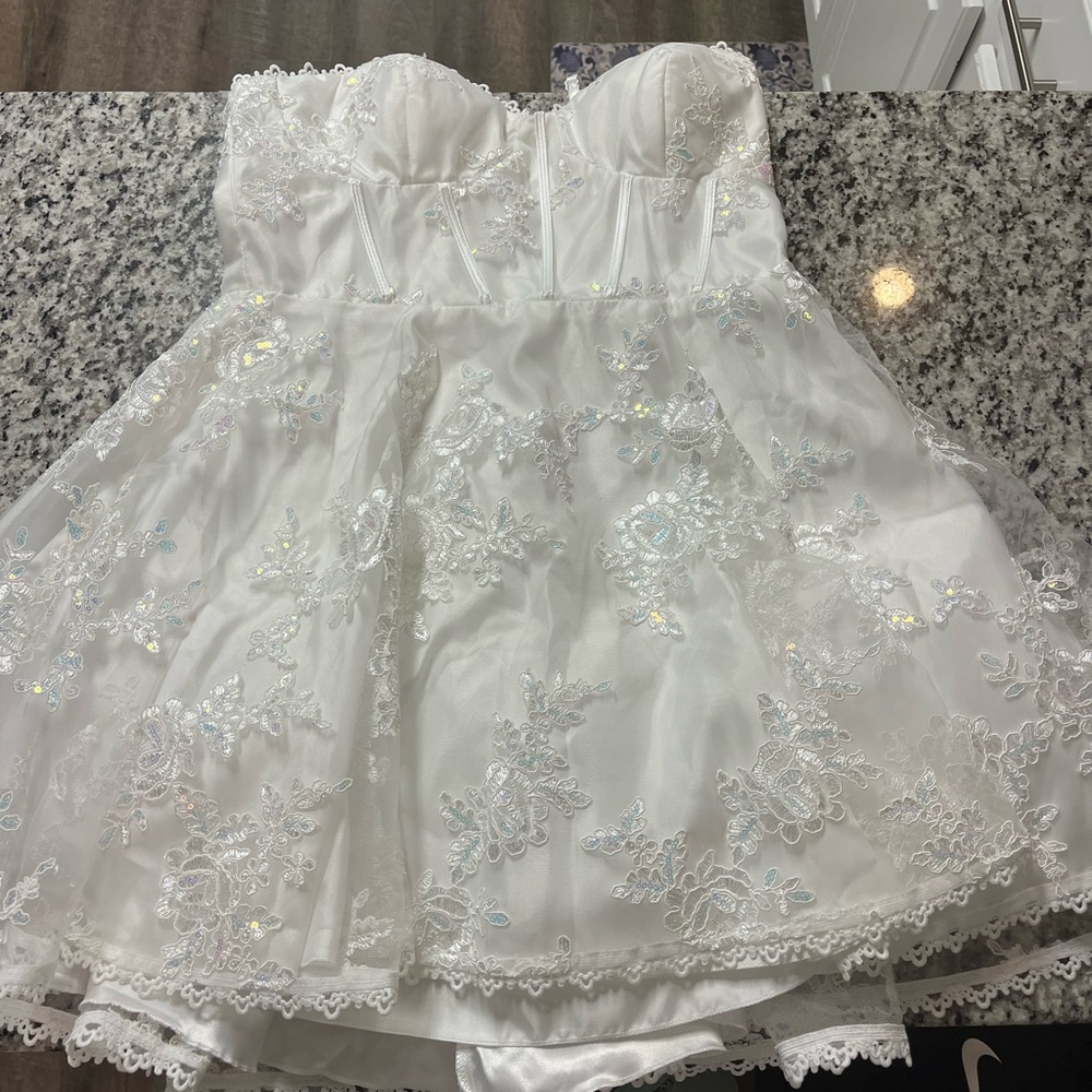 White embroidered mesh sequin skater dress from Windsor. Homecoming dress.
